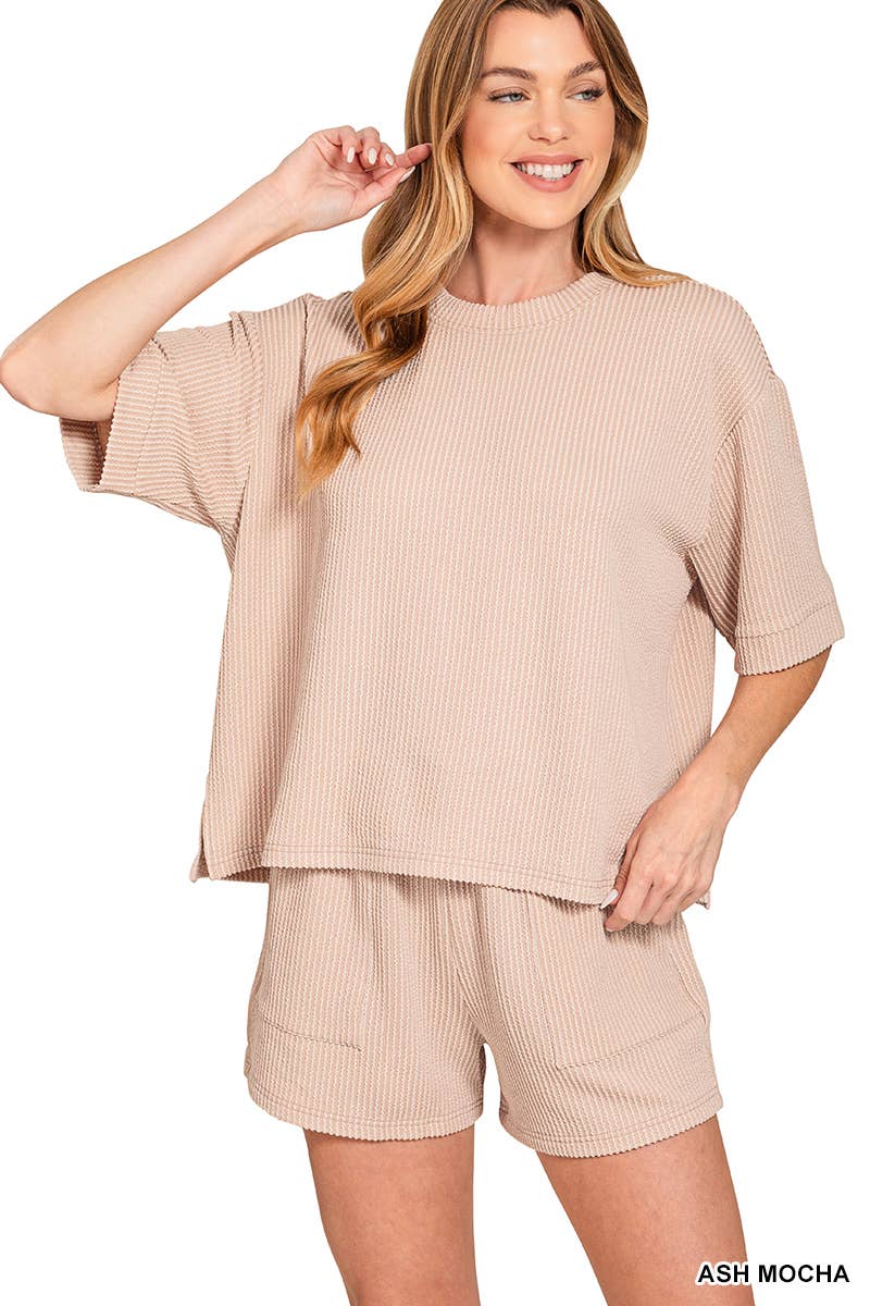 Corded Rib Half Sleeve Tee & Short Pants 2PC Set