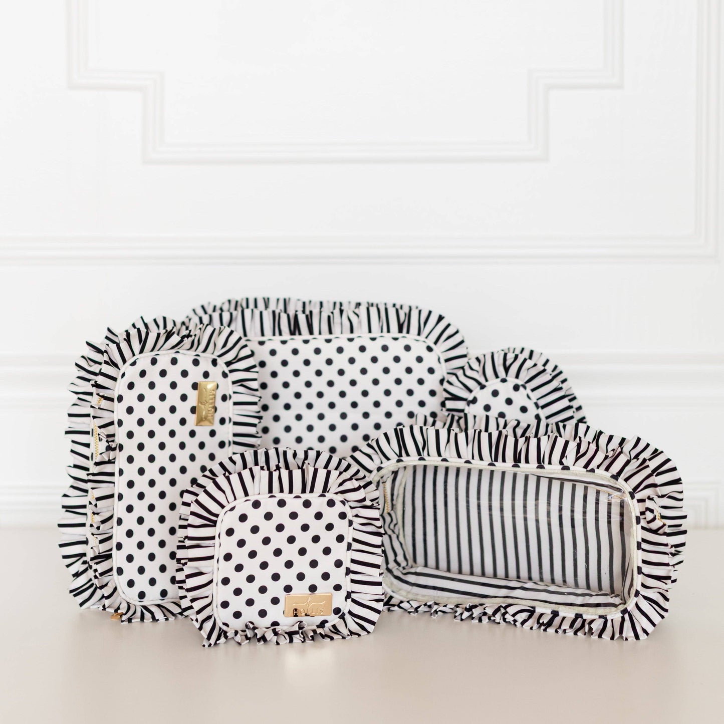 Polka Stripe Ruffled Nylon Medium Pouch