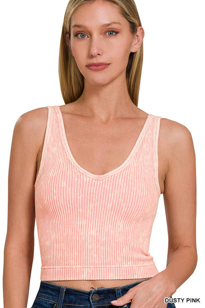 Blair Washed Ribbed Cropped Bra Padded V-neck Tank Top