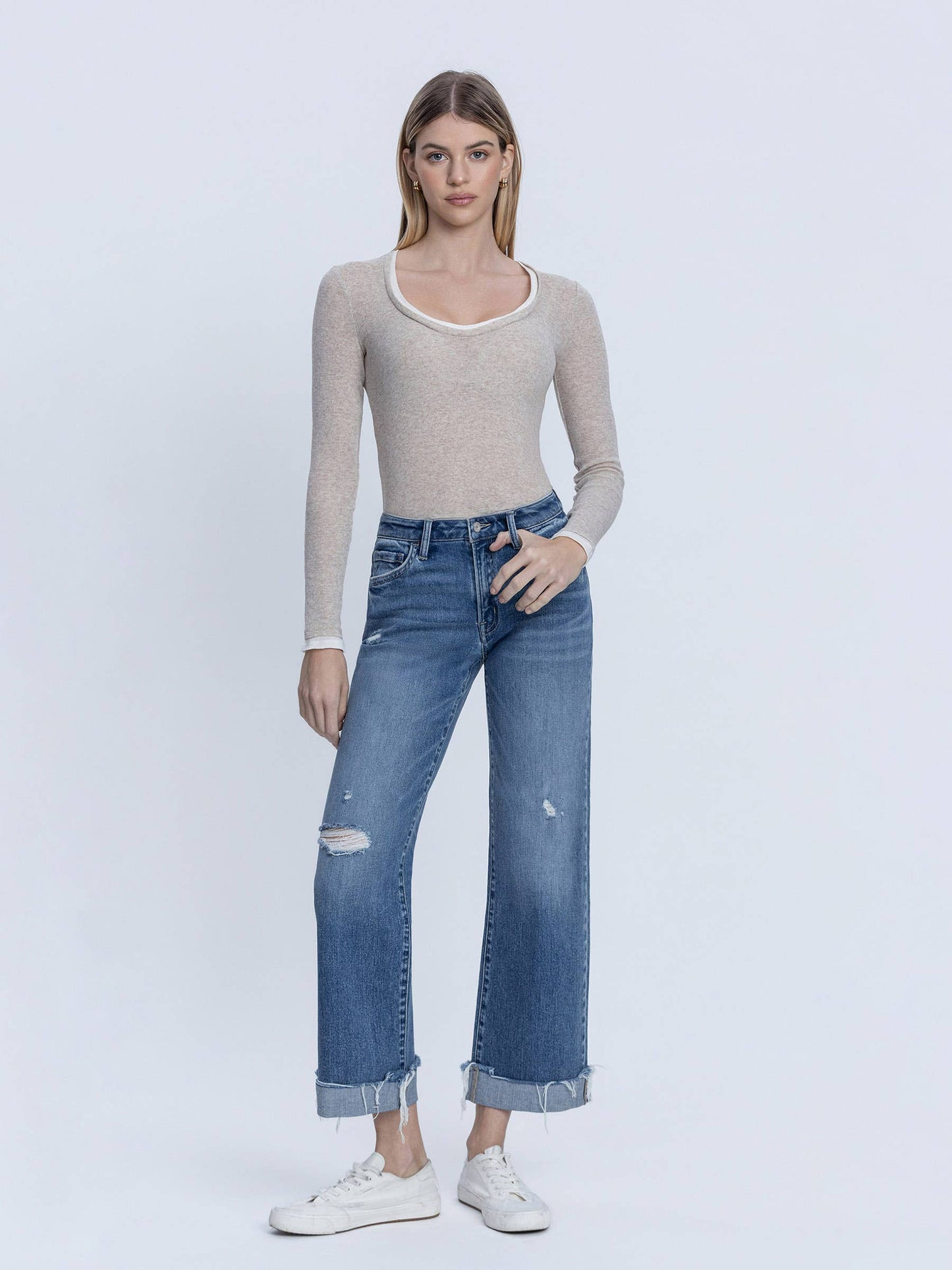 MID RISE MEDIUM DARK WASH CUFFED SLIM WIDE JEANS