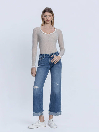 MID RISE MEDIUM DARK WASH CUFFED SLIM WIDE JEANS