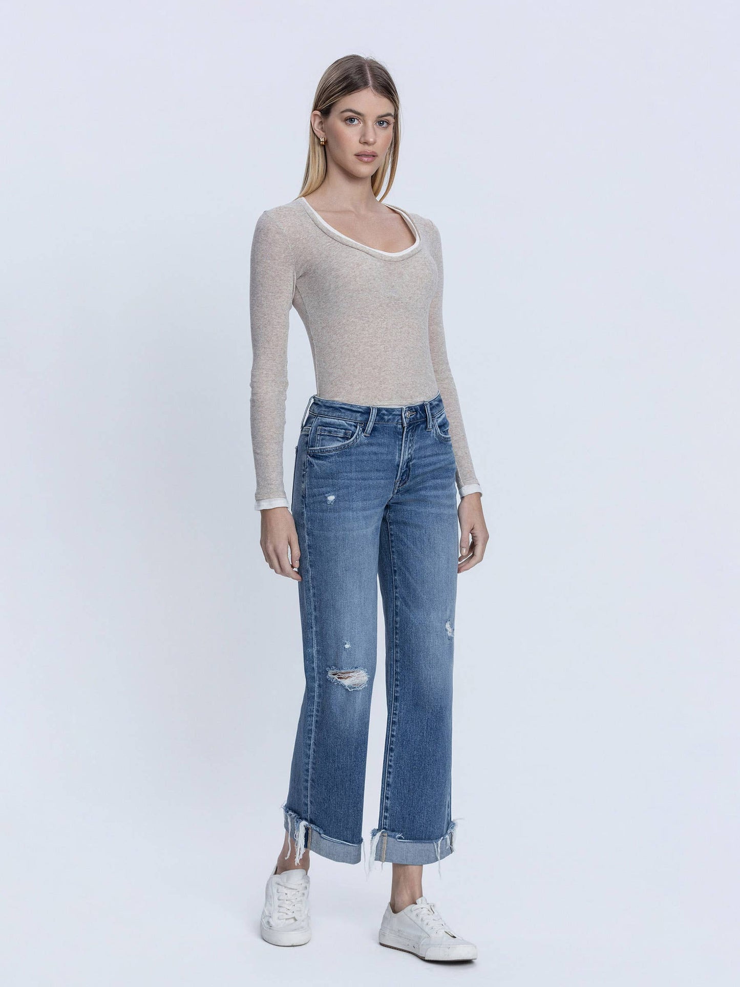 MID RISE MEDIUM DARK WASH CUFFED SLIM WIDE JEANS
