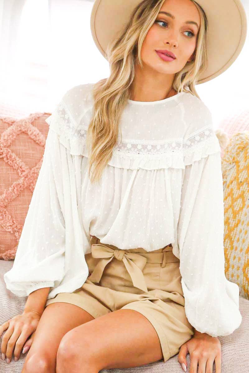 Remi Lace-Up Back Detail Swiss Dot Patterned Blouse