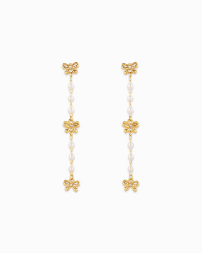 Dainty Triple Bow Pearl Line Drop Earrings