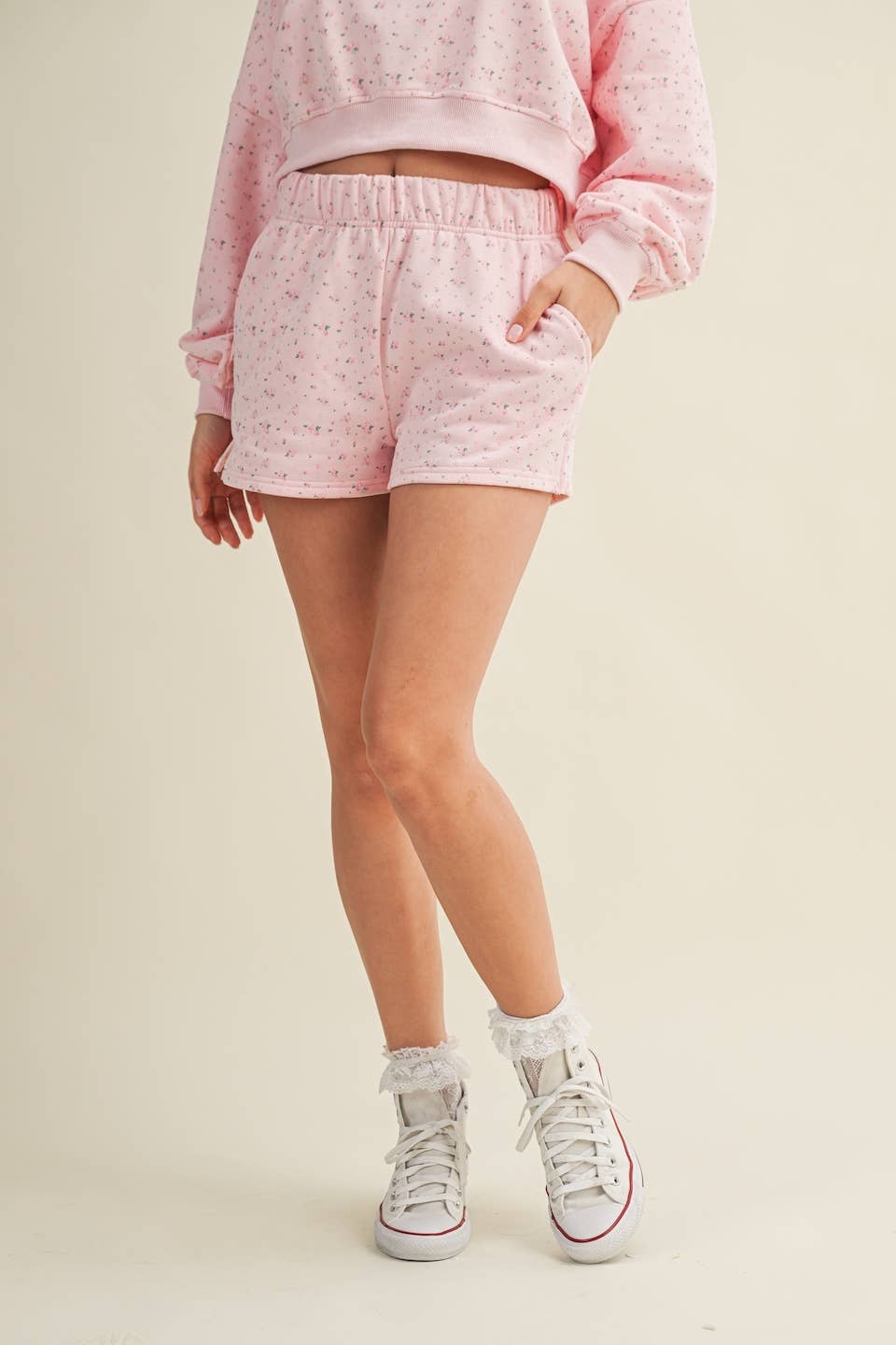 Ditsy Pink Print Sweat Shorts