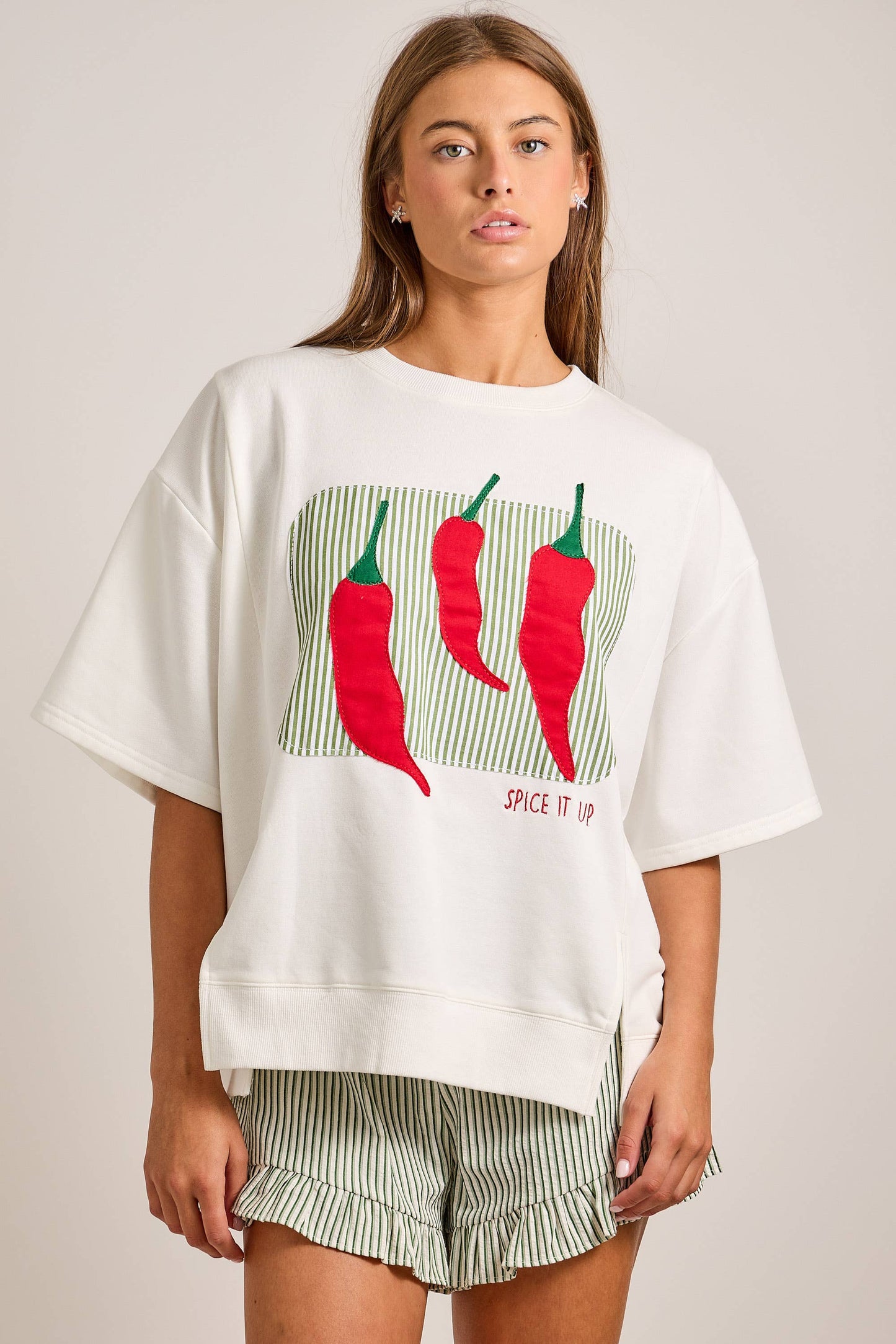 Green Pepper Stripe Ruffle Shorts With Contrasting Drawstring