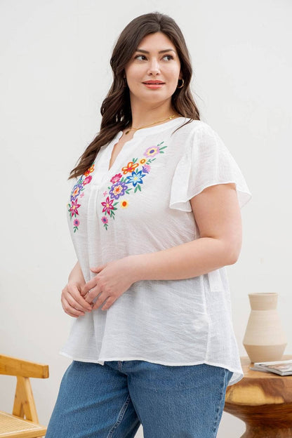 BELLA PLUS FLORAL EMBROIDERY SPLIT NECK BLOUSE