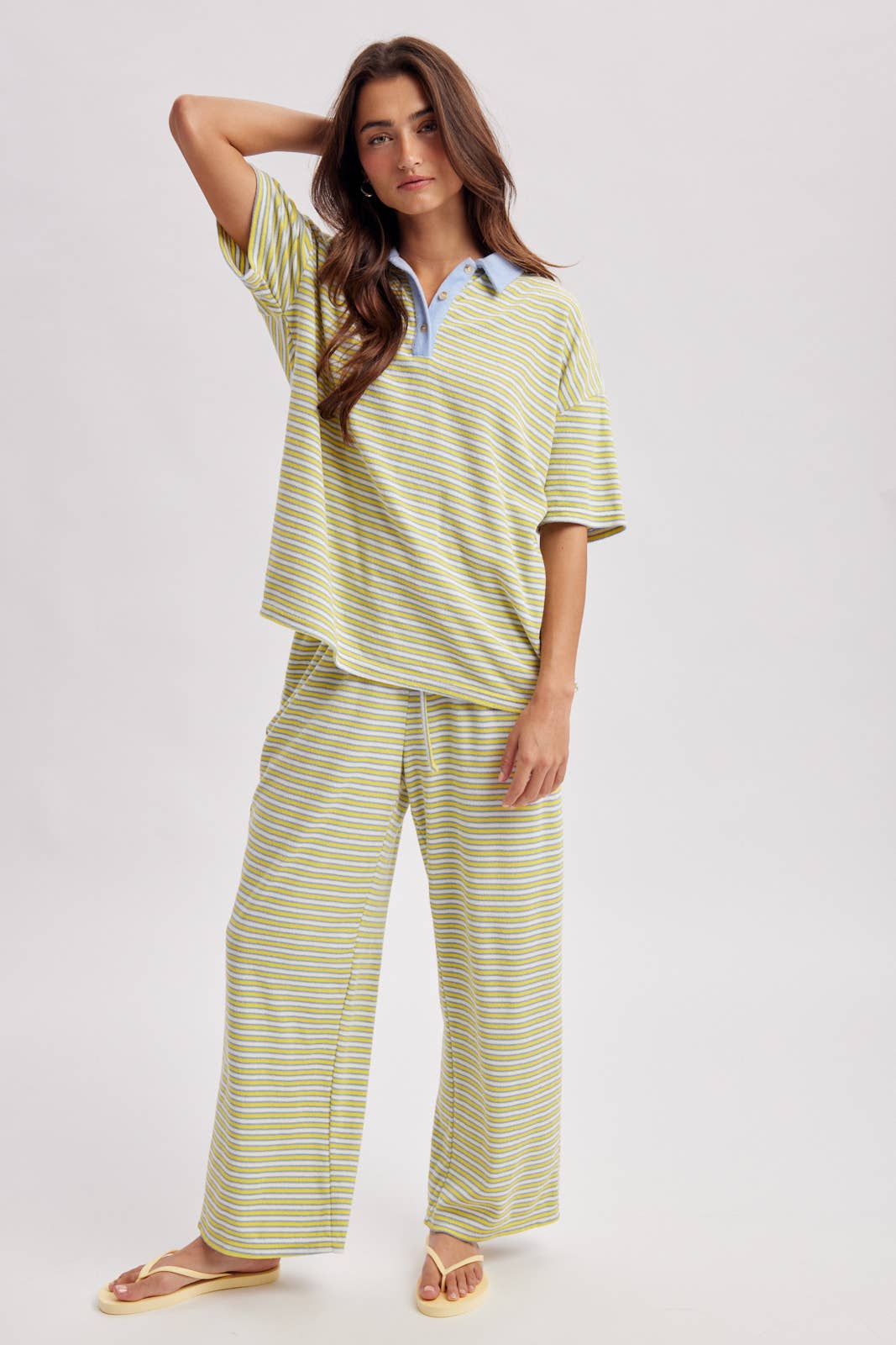 QUINN STRIPED KNIT COLLARED TOP AND PANTS SET