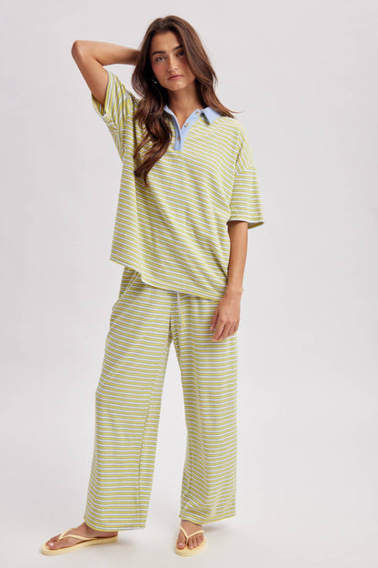 QUINN STRIPED KNIT COLLARED TOP AND PANTS SET