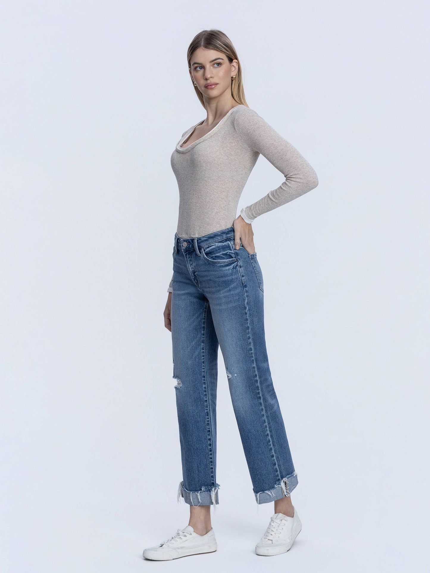 MID RISE MEDIUM DARK WASH CUFFED SLIM WIDE JEANS