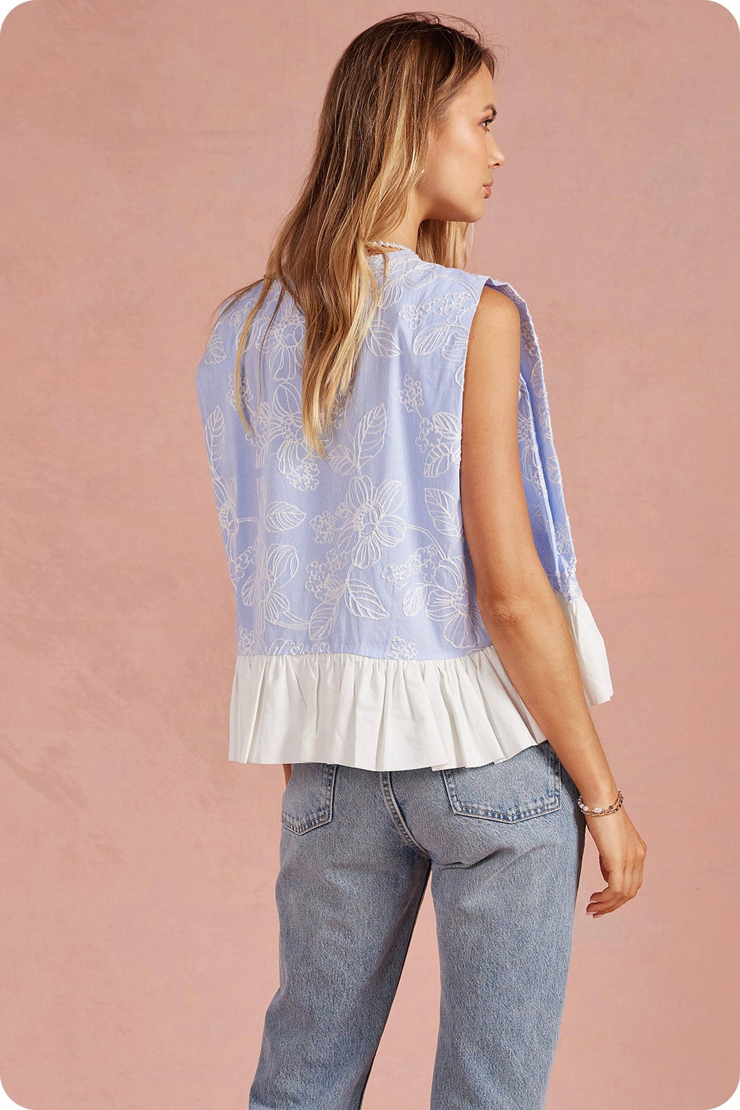 Floral Embroidery Stripe Contrast Ruffle Hem Top