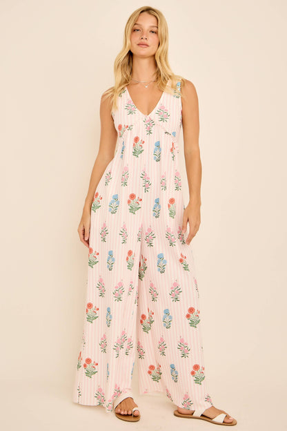 Maggie Floral Stripe V-Neck Backless Jumpsuit