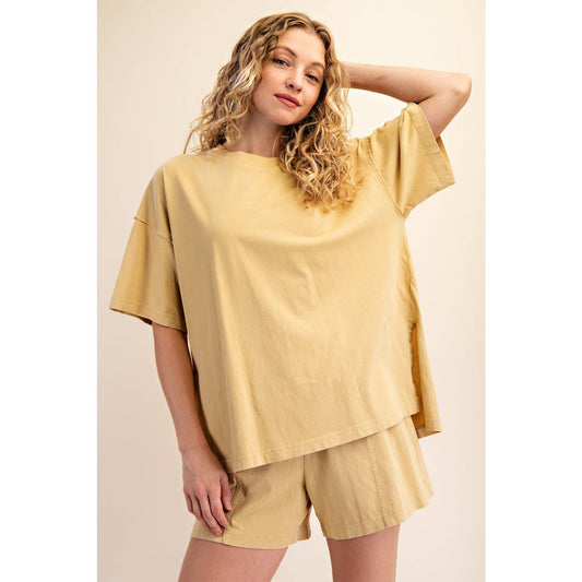 PRISCILLA  MINERAL WASHED COTTON OVERSIZED SLIT TEE & SHORTS