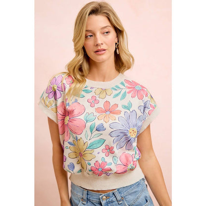 FLOWER ARTWORK PRINTED COZY KNIT TOP