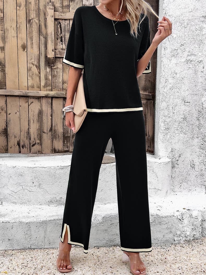 Abigale Contrast Trim Ribbed Knit Lounge Set