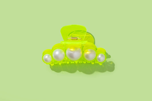 Claw Hair Clip - Large - Neon Green w/ Pearl Beads