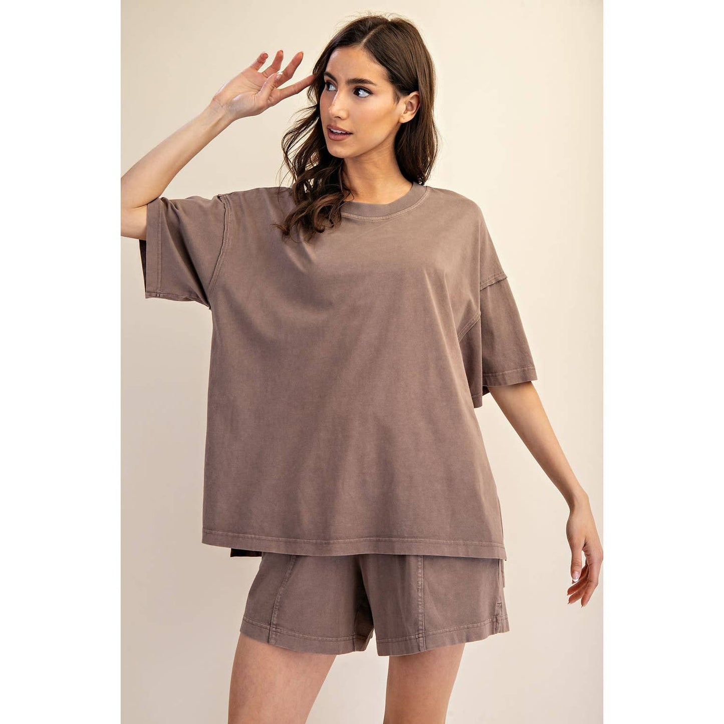 PRISCILLA  MINERAL WASHED COTTON OVERSIZED SLIT TEE & SHORTS