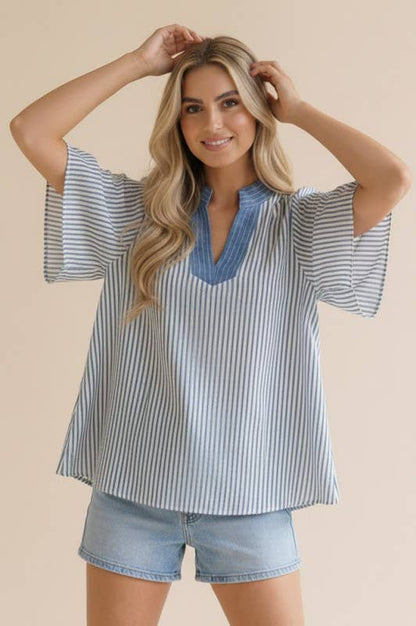 Plus- Stitched Neck Band Flutter Sleeve Stripe Top