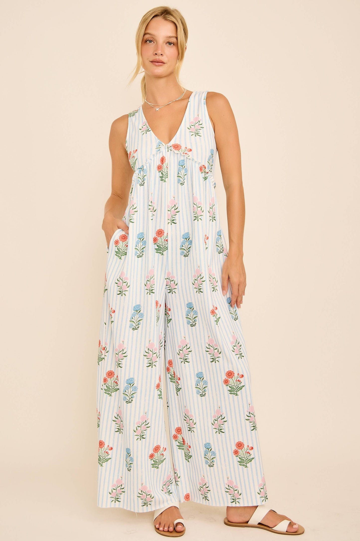 Maggie Floral Stripe V-Neck Backless Jumpsuit