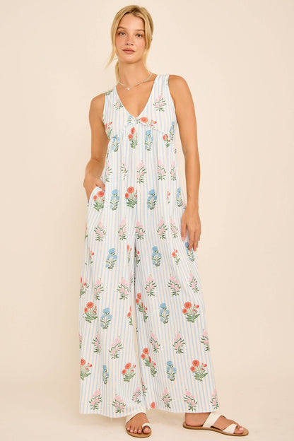 Maggie Floral Stripe V-Neck Backless Jumpsuit