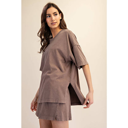 PRISCILLA  MINERAL WASHED COTTON OVERSIZED SLIT TEE & SHORTS