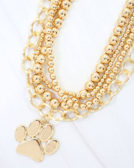 Wildcat Beaded Layered Necklace Paw Print Gold