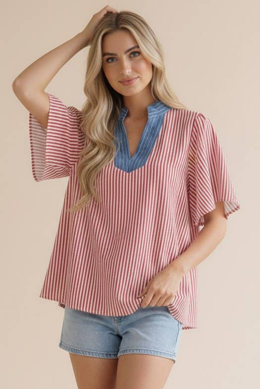 Plus- Stitched Neck Band Flutter Sleeve Stripe Top