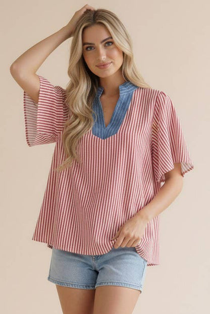 Plus- Stitched Neck Band Flutter Sleeve Stripe Top