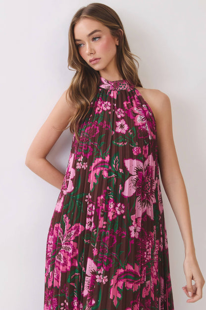 Everleigh Floral Print Pleated Halter Maxi Dress