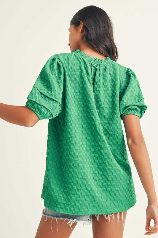 Bridget  Textured Puff Short Sleeve Notched V Neck Top