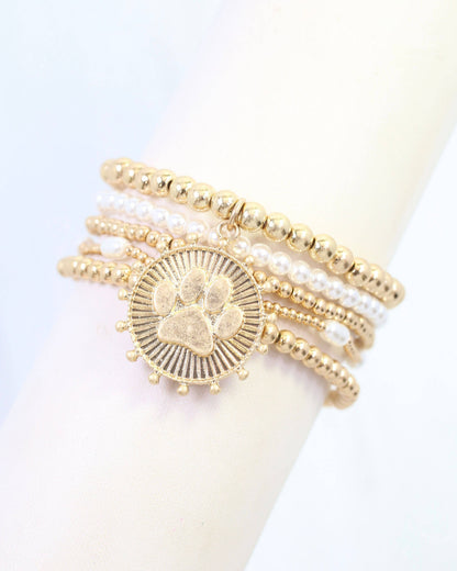 Carmen Coin Beaded Bracelet Set Paw Print Worn Gold