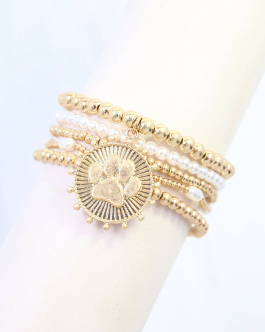 Wildcat Coin Beaded Bracelet Set Paw Print Worn Gold