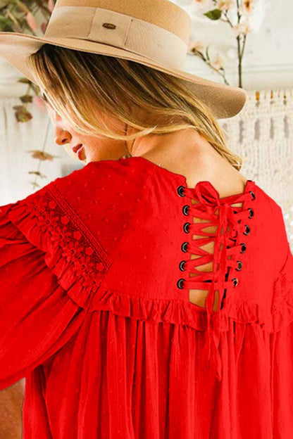 Remi Lace-Up Back Detail Swiss Dot Patterned Blouse