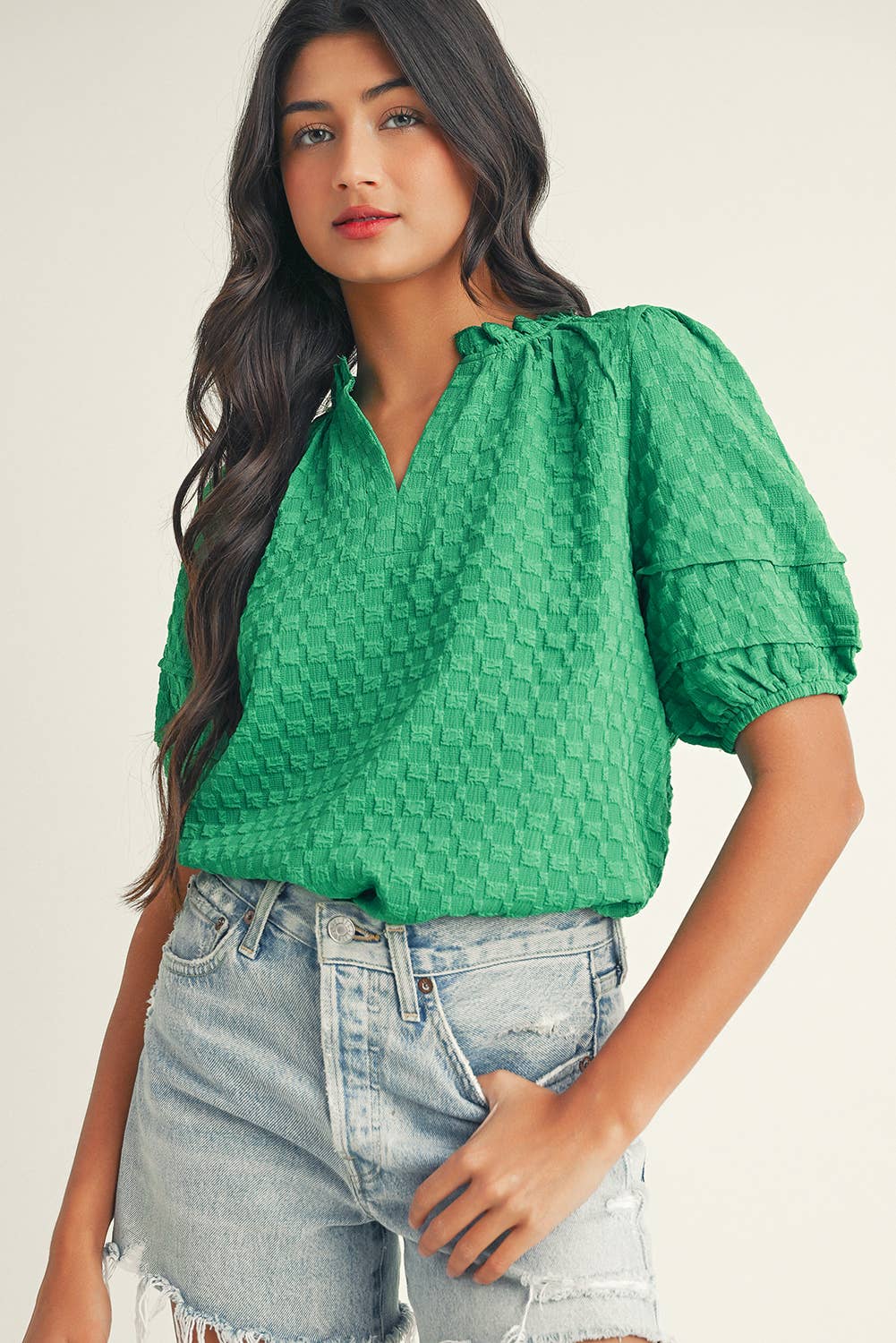 Bridget  Textured Puff Short Sleeve Notched V Neck Top