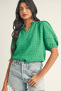 Bridget  Textured Puff Short Sleeve Notched V Neck Top