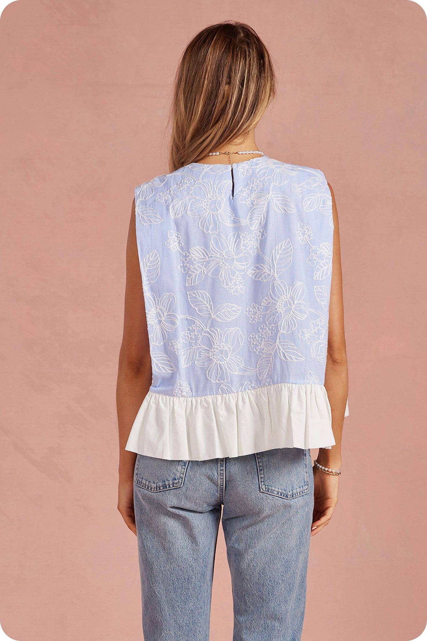 Floral Embroidery Stripe Contrast Ruffle Hem Top