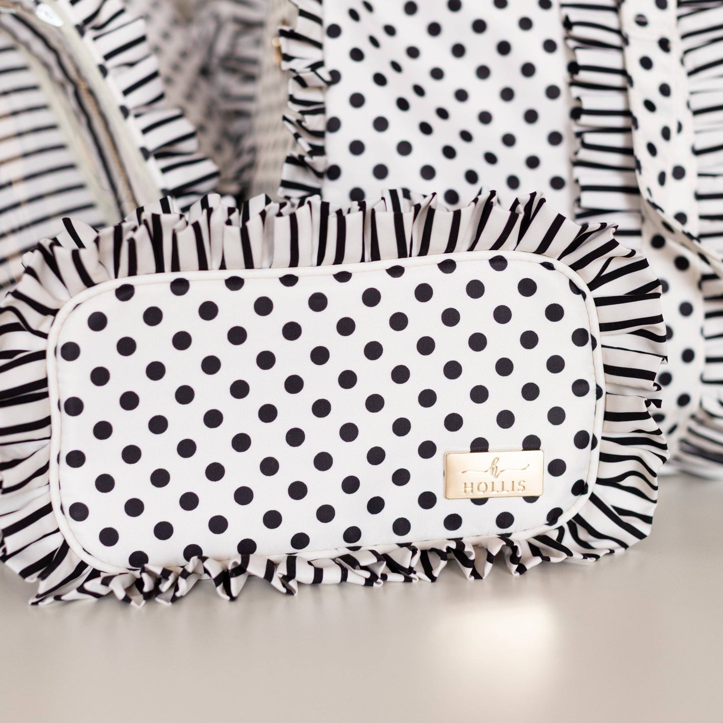 Polka Stripe Ruffled Nylon Medium Pouch