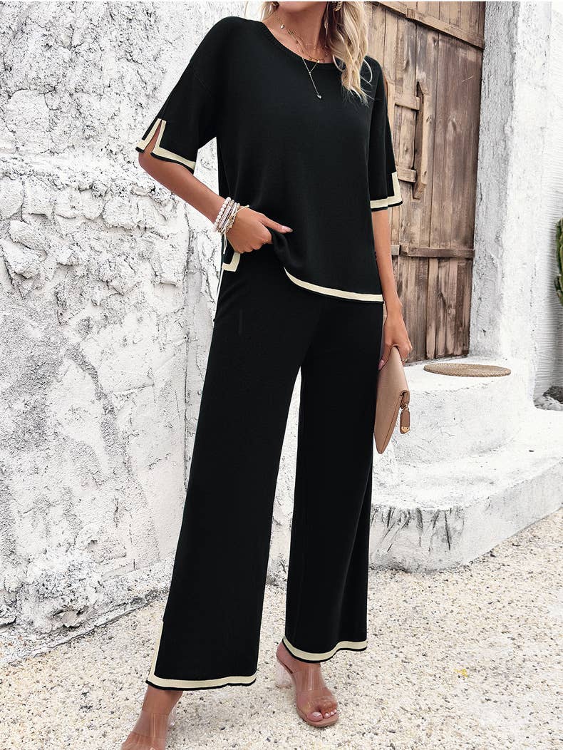 Abigale Contrast Trim Ribbed Knit Lounge Set