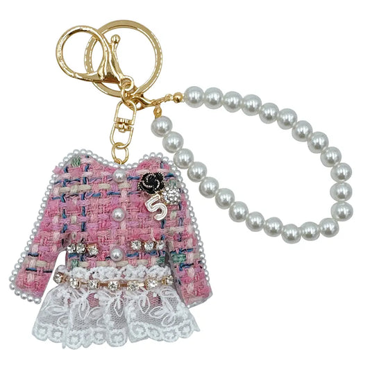 Tweed Lace Dress Pearl Key Chain Bag Charm