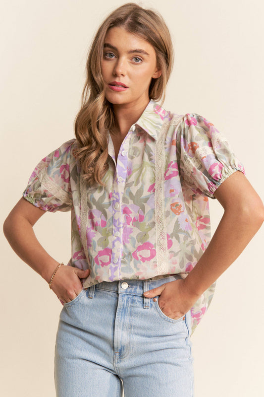 Tosha Floral Print Button Up Puff Short Sleeve Blouse