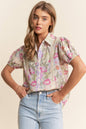 Tosha Floral Print Button Up Puff Short Sleeve Blouse