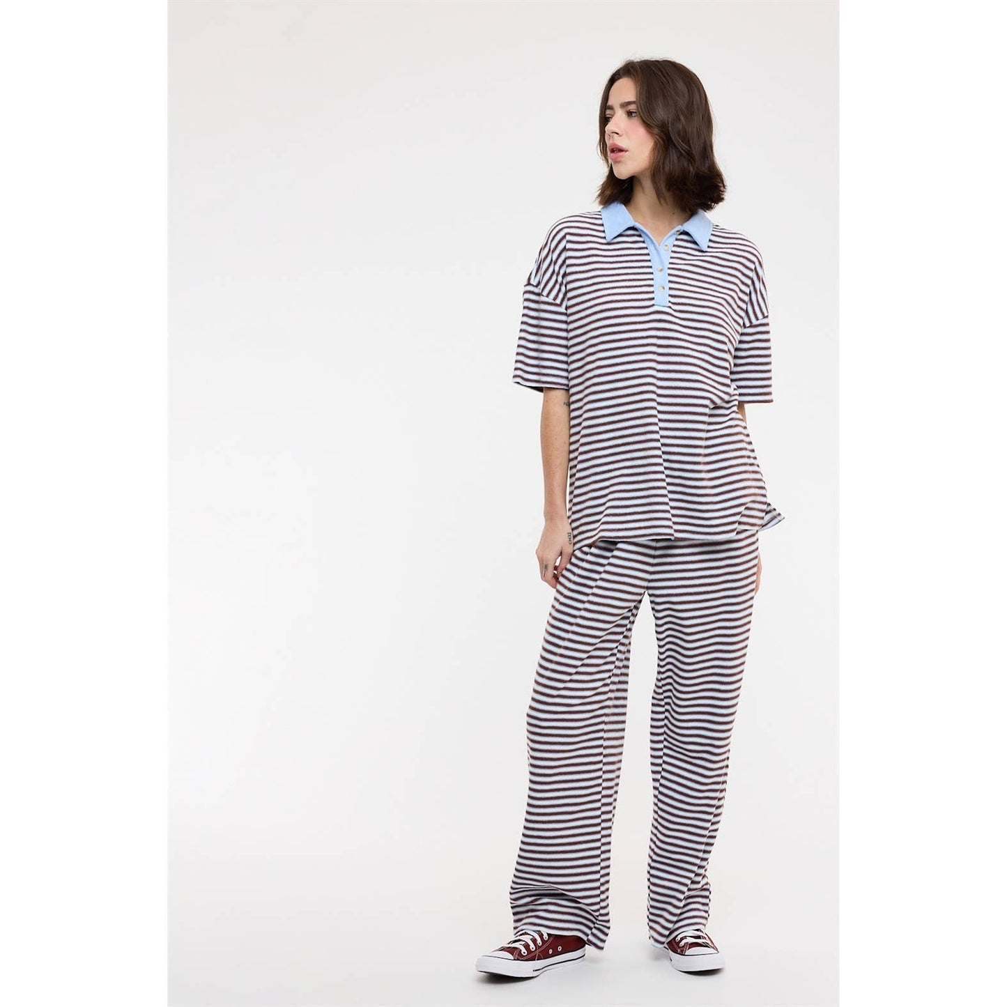 QUINN STRIPED KNIT COLLARED TOP AND PANTS SET