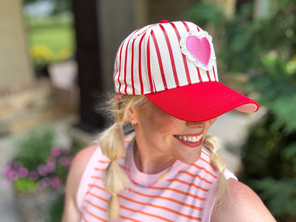 Baseball Cap w/ Lace Trim Heart Patch - Red + Cream Stripes