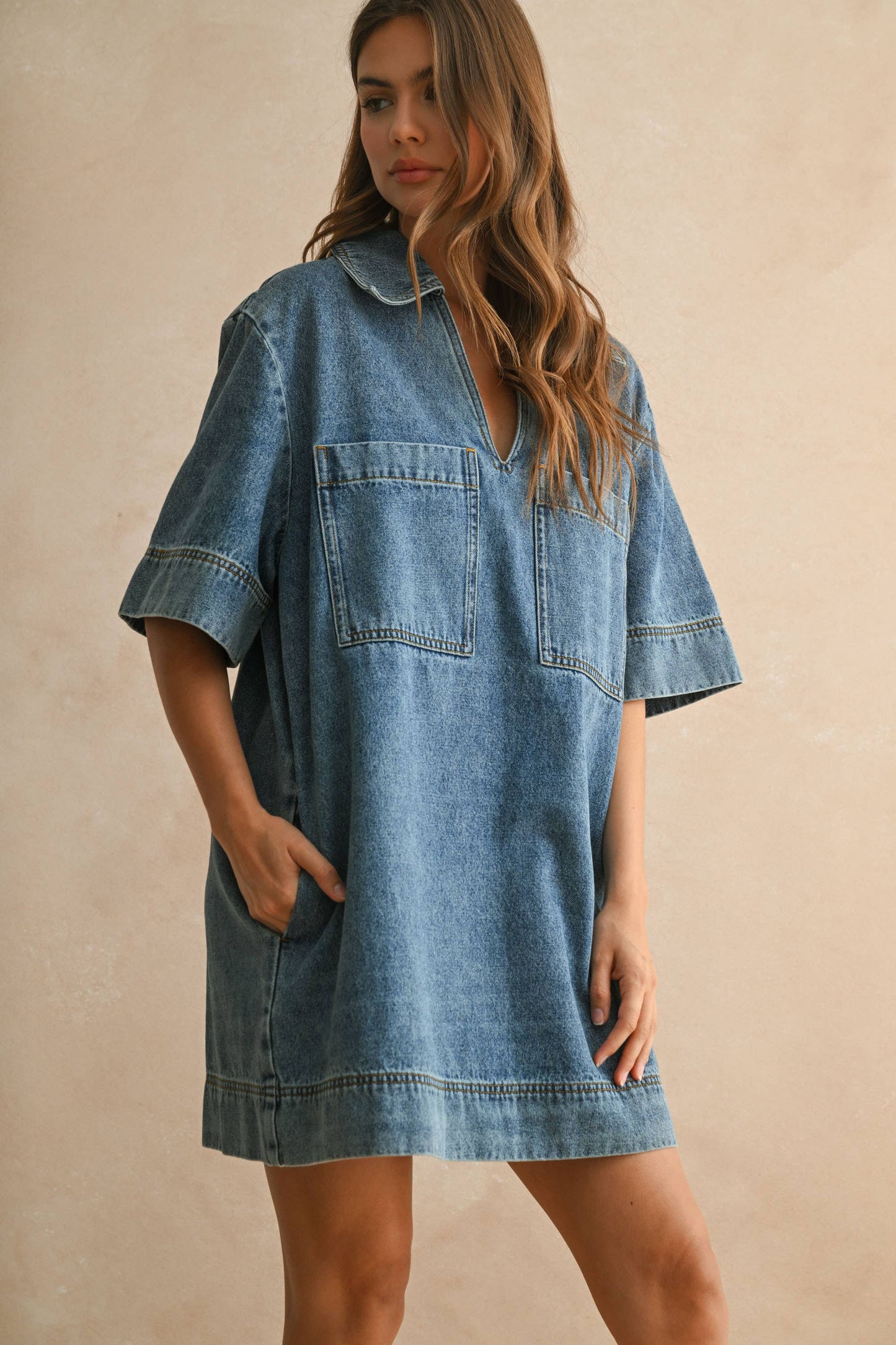DEMI V-NECK DENIM TUNIC DRESS