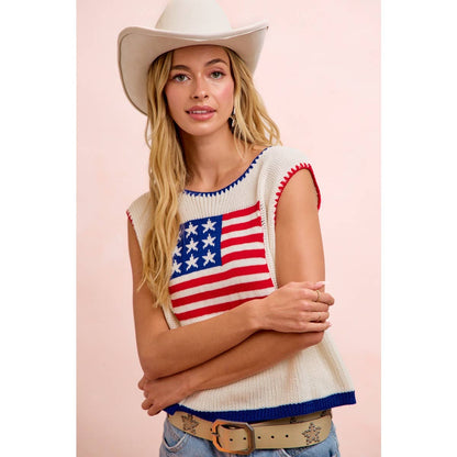 BESTY 4TH OF JULY THEME SLEEVELESS STITCH KNIT TOP