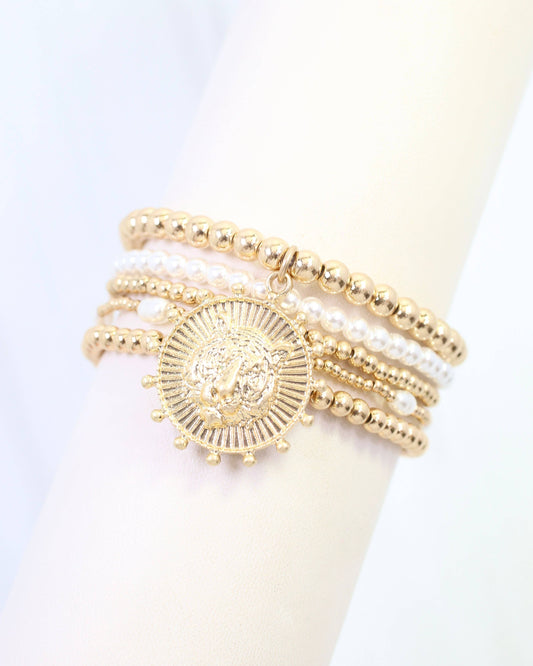 Wildcat Coin Beaded Bracelet Set Worn Gold