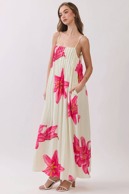 Sun Rise Floral Pleated Maxi Dress with Adjustable Straps