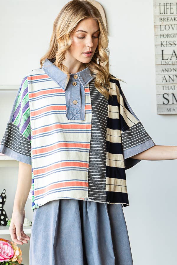 STELLA WASHED STRIPE MIX SHORT SLEEVE TOP