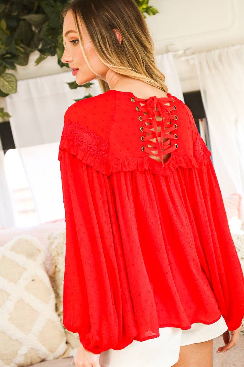Remi Lace-Up Back Detail Swiss Dot Patterned Blouse