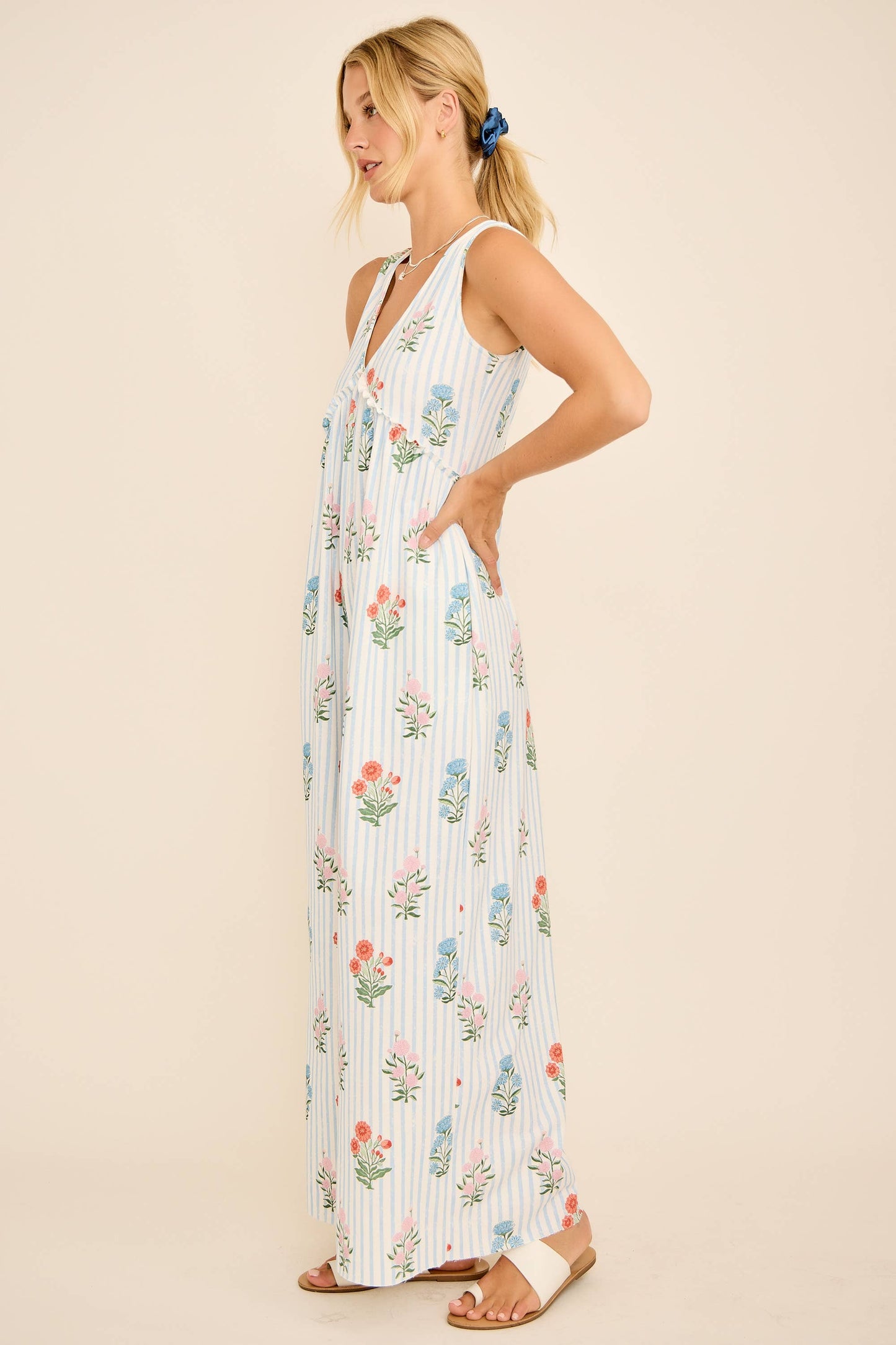 Maggie Floral Stripe V-Neck Backless Jumpsuit